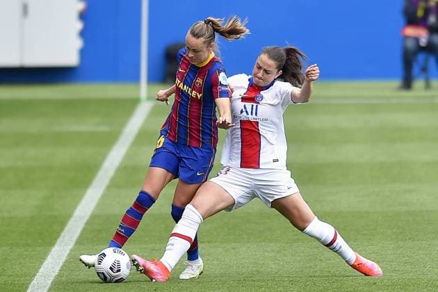 Johan Cruyff Stadium Graham Hansen of FC Barcelona, Barca in action with Jordyn Huitema of PSG during the UEFA Champions League Women semifinal second leg match between FC Barcelona and PSG at Johan Cruyff Stadium in Barcelona, Spain. Gerard Franco 