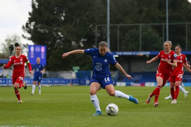 London, England, May 2nd 2021: Fran Kirby ( 14 Chelsea) strikes first goal for Chelsea during the UEFA Womens Champions League Semi Final game between Chelsea and Bayern Munich at Kingsmeadow in London, England. UEFA Womens Champions League Semi Final - Chelsea v Bayern Munic 