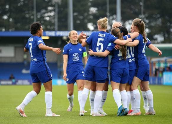 Kington Upon Thames, England, 2nd May 2021. Fran Kirby of Chelsea is mobbed after scoring the first goal of the game during the UEFA Women s Champions League match at Kingsmeadow, Kington Upon Thames. Picture credit should read: Paul Terry Sportimage EDITORIAL USE ONLY. No use with unauthorised audio, video, data, fixture lists, club league logos or live services. Online in-match use limited to 120 images, no video emulation. No use in betting, games or single club league player publications. SPI-1031-0010