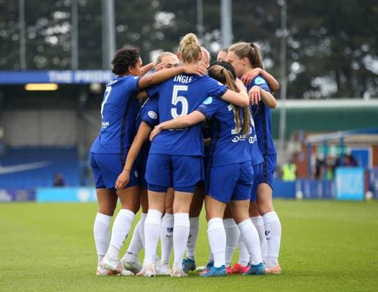 Kington Upon Thames, England, 2nd May 2021. Fran Kirby of Chelsea is mobbed after scoring the first goal of the game during the UEFA Women s Champions League match at Kingsmeadow, Kington Upon Thames. Picture credit should read: Paul Terry Sportimage EDITORIAL USE ONLY. No use with unauthorised audio, video, data, fixture lists, club league logos or live services. Online in-match use limited to 120 images, no video emulation. No use in betting, games or single club league player publications. SPI-1031-0011