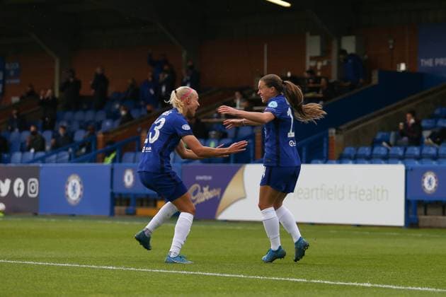 London, England, May 2nd 2021: Fran Kirby ( 14 Chelsea) and Pernille Harder ( 23 Chelsea) celebrate the first goal during the UEFA Womens Champions League Semi Final game between Chelsea and Bayern Munich at Kingsmeadow in London, England. UEFA Womens Champions League Semi Final - Chelsea v Bayern Munic 