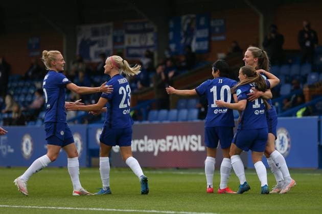 London, England, May 2nd 2021: Chelsea celebrate the first goal in the semi final during the UEFA Womens Champions League Semi Final game between Chelsea and Bayern Munich at Kingsmeadow in London, England. UEFA Womens Champions League Semi Final - Chelsea v Bayern Munic 