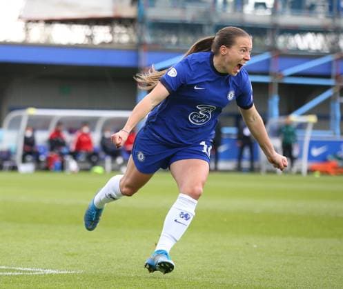 Kington Upon Thames, England, 2nd May 2021. Fran Kirby of Chelsea celebrates scoring the first goal to make the score (2-2) during the UEFA Women s Champions League match at Kingsmeadow, Kington Upon Thames. Picture credit should read: Paul Terry Sportimage EDITORIAL USE ONLY. No use with unauthorised audio, video, data, fixture lists, club league logos or live services. Online in-match use limited to 120 images, no video emulation. No use in betting, games or single club league player publications. SPI-1031-0014