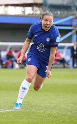 Kington Upon Thames, England, 2nd May 2021. Fran Kirby of Chelsea celebrates scoring the first goal to make the score (2-2) during the UEFA Women s Champions League match at Kingsmeadow, Kington Upon Thames. Picture credit should read: Paul Terry Sportimage EDITORIAL USE ONLY. No use with unauthorised audio, video, data, fixture lists, club league logos or live services. Online in-match use limited to 120 images, no video emulation. No use in betting, games or single club league player publications. SPI-1031-0016