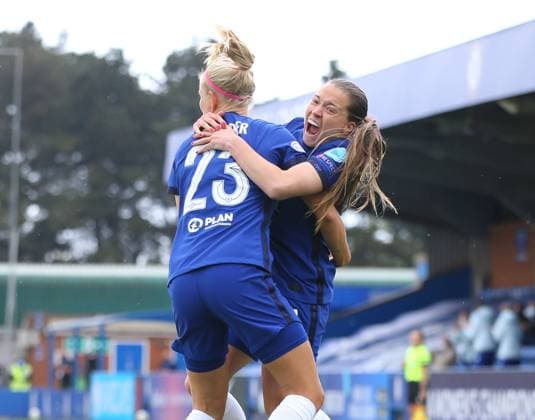 Kington Upon Thames, England, 2nd May 2021. Fran Kirby of Chelsea (r) celebrates scoring the first goal to make the score (2-2) during the UEFA Women s Champions League match at Kingsmeadow, Kington Upon Thames. Picture credit should read: Paul Terry Sportimage EDITORIAL USE ONLY. No use with unauthorised audio, video, data, fixture lists, club league logos or live services. Online in-match use limited to 120 images, no video emulation. No use in betting, games or single club league player publications. SPI-1031-0019