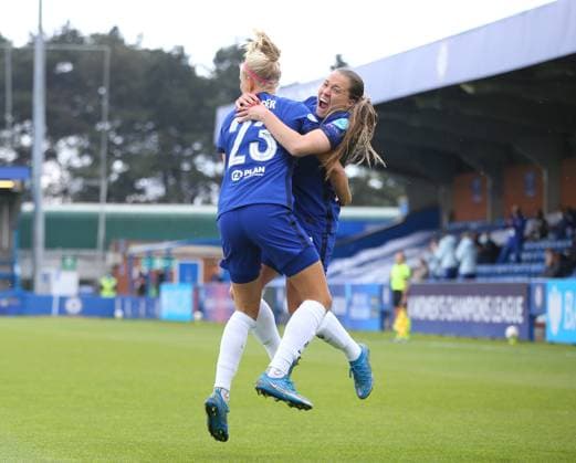 Kington Upon Thames, England, 2nd May 2021. Fran Kirby of Chelsea (r) celebrates scoring the first goal to make the score (2-2) during the UEFA Women s Champions League match at Kingsmeadow, Kington Upon Thames. Picture credit should read: Paul Terry Sportimage EDITORIAL USE ONLY. No use with unauthorised audio, video, data, fixture lists, club league logos or live services. Online in-match use limited to 120 images, no video emulation. No use in betting, games or single club league player publications. SPI-1031-0020