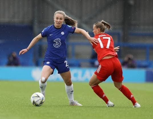 Kington Upon Thames, England, 2nd May 2021. Pernille Harder of Chelsea tackled by Klara Buhl of Bayern Munich during the UEFA Women s Champions League match at Kingsmeadow, Kington Upon Thames. Picture credit should read: Paul Terry Sportimage EDITORIAL USE ONLY. No use with unauthorised audio, video, data, fixture lists, club league logos or live services. Online in-match use limited to 120 images, no video emulation. No use in betting, games or single club league player publications. SPI-1031-0023