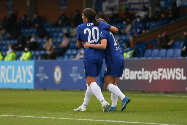 London, England, May 2nd 2021: Sam Kerr ( 20 Chelsea) and Fran Kirby ( 14 Chelsea) celebrate the first goal during the UEFA Womens Champions League Semi Final game between Chelsea and Bayern Munich at Kingsmeadow in London, England. UEFA Womens Champions League Semi Final - Chelsea v Bayern Munic 