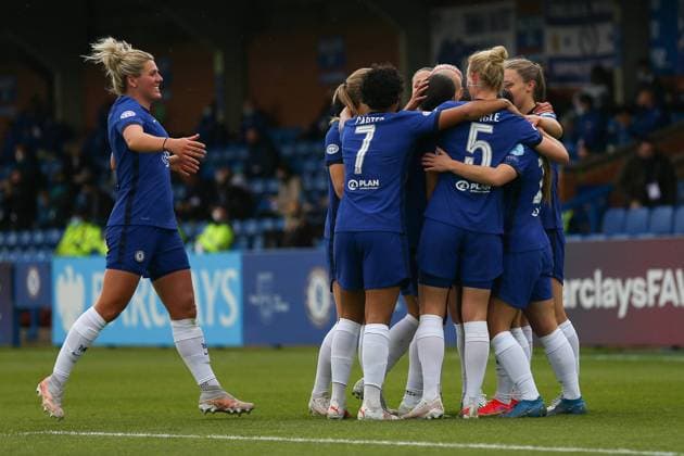 London, England, May 2nd 2021: Millie Bright ( 4 Chelsea) joins the celebrations during the UEFA Womens Champions League Semi Final game between Chelsea and Bayern Munich at Kingsmeadow in London, England. UEFA Womens Champions League Semi Final - Chelsea v Bayern Munic 