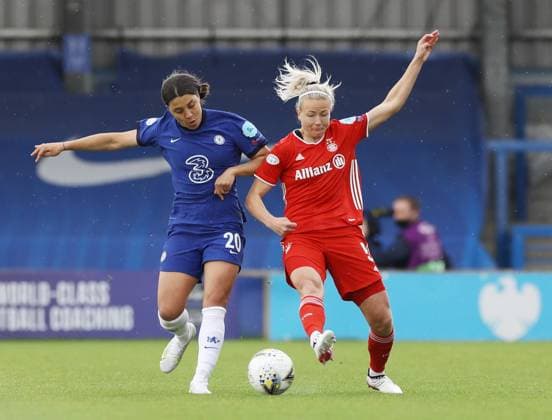 Kington Upon Thames, England, 2nd May 2021. Sam Kerr of Chelsea tackles Hanna Glas of Bayern Munich during the UEFA Women s Champions League match at Kingsmeadow, Kington Upon Thames. Picture credit should read: Paul Terry Sportimage EDITORIAL USE ONLY. No use with unauthorised audio, video, data, fixture lists, club league logos or live services. Online in-match use limited to 120 images, no video emulation. No use in betting, games or single club league player publications. SPI-1031-0025