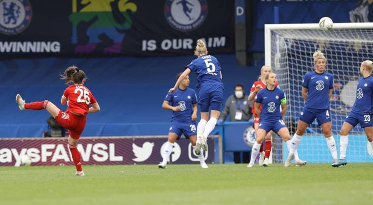 Kington Upon Thames, England, 2nd May 2021. Sarah Zadrazil of Bayern Munich scores the equalising goal during the UEFA Women s Champions League match at Kingsmeadow, Kington Upon Thames. Picture credit should read: Paul Terry Sportimage EDITORIAL USE ONLY. No use with unauthorised audio, video, data, fixture lists, club league logos or live services. Online in-match use limited to 120 images, no video emulation. No use in betting, games or single club league player publications. SPI-1031-0026