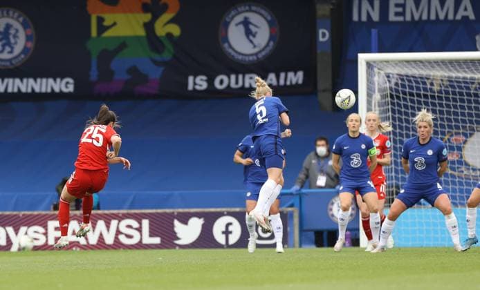 Kington Upon Thames, England, 2nd May 2021. Sarah Zadrazil of Bayern Munich scores the equalising goal during the UEFA Women s Champions League match at Kingsmeadow, Kington Upon Thames. Picture credit should read: Paul Terry Sportimage EDITORIAL USE ONLY. No use with unauthorised audio, video, data, fixture lists, club league logos or live services. Online in-match use limited to 120 images, no video emulation. No use in betting, games or single club league player publications. SPI-1031-0027