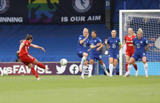 Kington Upon Thames, England, 2nd May 2021. Sarah Zadrazil of Bayern Munich scores the equalising goal during the UEFA Women s Champions League match at Kingsmeadow, Kington Upon Thames. Picture credit should read: Paul Terry Sportimage EDITORIAL USE ONLY. No use with unauthorised audio, video, data, fixture lists, club league logos or live services. Online in-match use limited to 120 images, no video emulation. No use in betting, games or single club league player publications. SPI-1031-0028