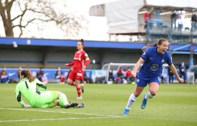 Kington Upon Thames, England, 2nd May 2021. Fran Kirby of Chelsea turns away to celebrate after scoring the first goal during the UEFA Women s Champions League match at Kingsmeadow, Kington Upon Thames. Picture credit should read: Paul Terry Sportimage EDITORIAL USE ONLY. No use with unauthorised audio, video, data, fixture lists, club league logos or live services. Online in-match use limited to 120 images, no video emulation. No use in betting, games or single club league player publications. SPI-1031-0029