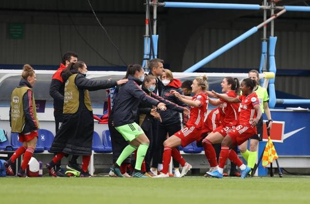 Kington Upon Thames, England, 2nd May 2021. Sarah Zadrazil of Bayern Munich celebrates her goal with the bench during the UEFA Women s Champions League match at Kingsmeadow, Kington Upon Thames. Picture credit should read: Paul Terry Sportimage EDITORIAL USE ONLY. No use with unauthorised audio, video, data, fixture lists, club league logos or live services. Online in-match use limited to 120 images, no video emulation. No use in betting, games or single club league player publications. SPI-1031-0032
