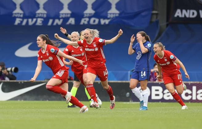 Kington Upon Thames, England, 2nd May 2021. Sarah Zadrazil of Bayern Munich (l) turns to celebrate her goal during the UEFA Women s Champions League match at Kingsmeadow, Kington Upon Thames. Picture credit should read: Paul Terry Sportimage EDITORIAL USE ONLY. No use with unauthorised audio, video, data, fixture lists, club league logos or live services. Online in-match use limited to 120 images, no video emulation. No use in betting, games or single club league player publications. SPI-1031-0033