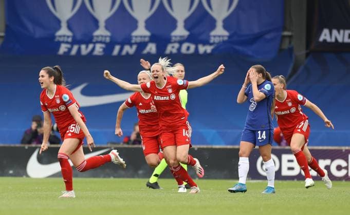 Kington Upon Thames, England, 2nd May 2021. Sarah Zadrazil of Bayern Munich (l) turns to celebrate her goal during the UEFA Women s Champions League match at Kingsmeadow, Kington Upon Thames. Picture credit should read: Paul Terry Sportimage EDITORIAL USE ONLY. No use with unauthorised audio, video, data, fixture lists, club league logos or live services. Online in-match use limited to 120 images, no video emulation. No use in betting, games or single club league player publications. SPI-1031-0034