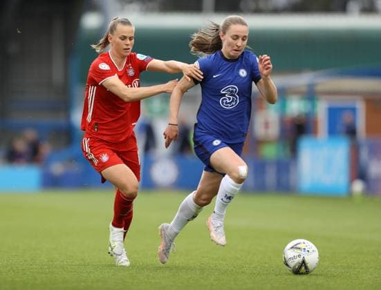 Kington Upon Thames, England, 2nd May 2021. Niamh Charles of Chelsea tussles with Hanna Glas of Bayern Munich during the UEFA Women s Champions League match at Kingsmeadow, Kington Upon Thames. Picture credit should read: Paul Terry Sportimage EDITORIAL USE ONLY. No use with unauthorised audio, video, data, fixture lists, club league logos or live services. Online in-match use limited to 120 images, no video emulation. No use in betting, games or single club league player publications. SPI-1031-0035