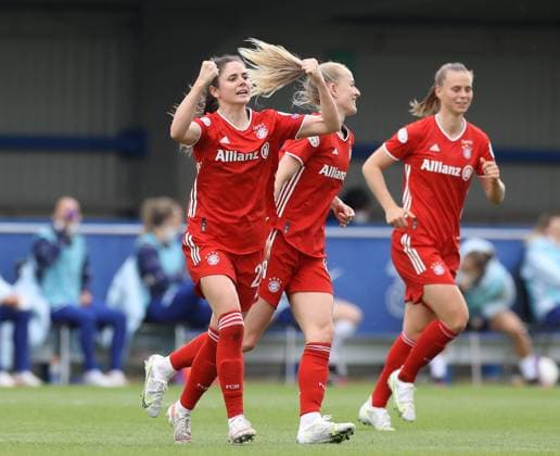 Kington Upon Thames, England, 2nd May 2021. Sarah Zadrazil of Bayern Munich (l) celebrates her goal during the UEFA Women s Champions League match at Kingsmeadow, Kington Upon Thames. Picture credit should read: Paul Terry Sportimage EDITORIAL USE ONLY. No use with unauthorised audio, video, data, fixture lists, club league logos or live services. Online in-match use limited to 120 images, no video emulation. No use in betting, games or single club league player publications. SPI-1031-0036