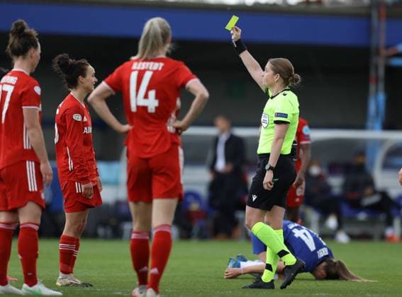 Kington Upon Thames, England, 2nd May 2021. Lina Magull of Bayern Munich gives away a free kick and receives a yellow card from which Chelsea scored during the UEFA Women s Champions League match at Kingsmeadow, Kington Upon Thames. Picture credit should read: Paul Terry Sportimage EDITORIAL USE ONLY. No use with unauthorised audio, video, data, fixture lists, club league logos or live services. Online in-match use limited to 120 images, no video emulation. No use in betting, games or single club league player publications. SPI-1031-0037