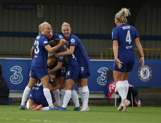 Kington Upon Thames, England, 2nd May 2021. Ji So-Yun of Chelsea is mobbed after scoring their second goal during the UEFA Women s Champions League match at Kingsmeadow, Kington Upon Thames. Picture credit should read: Paul Terry Sportimage EDITORIAL USE ONLY. No use with unauthorised audio, video, data, fixture lists, club league logos or live services. Online in-match use limited to 120 images, no video emulation. No use in betting, games or single club league player publications. SPI-1031-0039