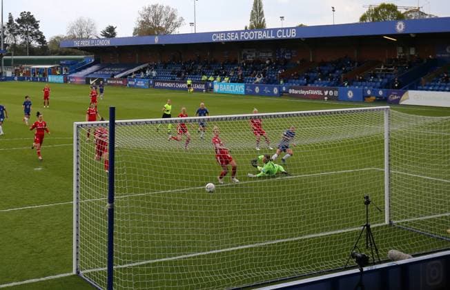 Kington Upon Thames, England, 2nd May 2021. Fran Kirby of Chelsea scores the first goal during the UEFA Women s Champions League match at Kingsmeadow, Kington Upon Thames. Picture credit should read: Paul Terry Sportimage EDITORIAL USE ONLY. No use with unauthorised audio, video, data, fixture lists, club league logos or live services. Online in-match use limited to 120 images, no video emulation. No use in betting, games or single club league player publications. SPI-1031-0040