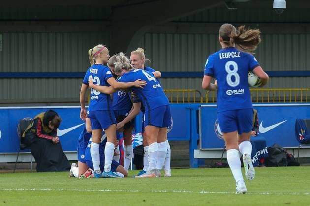 London, England, May 2nd 2021: Ji So-Yun ( 10 Chelsea) and team celebrate the 2nd goal during the UEFA Womens Champions League Semi Final game between Chelsea and Bayern Munich at Kingsmeadow in London, England. UEFA Womens Champions League Semi Final - Chelsea v Bayern Munic 