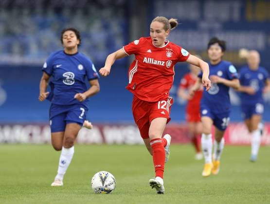 Kington Upon Thames, England, 2nd May 2021. Sydney Lohmann of Bayern Munich in action during the UEFA Women s Champions League match at Kingsmeadow, Kington Upon Thames. Picture credit should read: Paul Terry Sportimage EDITORIAL USE ONLY. No use with unauthorised audio, video, data, fixture lists, club league logos or live services. Online in-match use limited to 120 images, no video emulation. No use in betting, games or single club league player publications. SPI-1031-0042