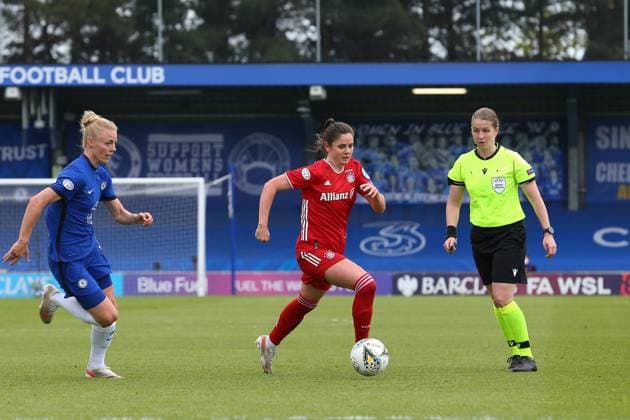 London, England, May 2nd 2021: Sarah Zadrazil ( 25 Bayern Munich) during the UEFA Womens Champions League Semi Final game between Chelsea and Bayern Munich at Kingsmeadow in London, England. UEFA Womens Champions League Semi Final - Chelsea v Bayern Munic 
