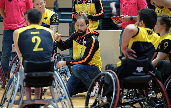 02.05.2021, xovx, Rollstuhlbasketball Champions Cup 2021, Spiel um Platz 3, , Bidaideak Bilbao BSR - CD Ilunion Madrid Trainer Miguel Vaquero (CD Ilunion Madrid) Wetzlar Rittal-Arena Hessen Deutschland (DE)