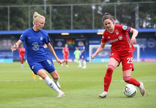 Kington Upon Thames, England, 2nd May 2021. Sophie Ingle of Chelsea marks Sarah Zadrazil of Bayern Munich during the UEFA Women s Champions League match at Kingsmeadow, Kington Upon Thames. Picture credit should read: Paul Terry Sportimage EDITORIAL USE ONLY. No use with unauthorised audio, video, data, fixture lists, club league logos or live services. Online in-match use limited to 120 images, no video emulation. No use in betting, games or single club league player publications. SPI-1031-0043