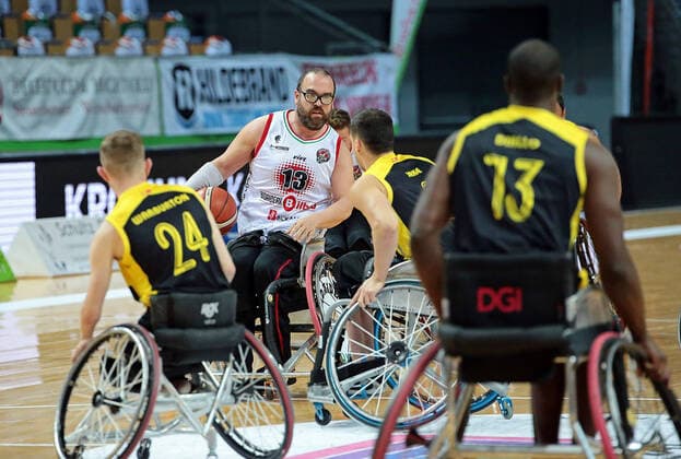02.05.2021, xovx, Rollstuhlbasketball Champions Cup 2021, Spiel um Platz 3, , Bidaideak Bilbao BSR - CD Ilunion Madrid v.l. Gregg Warburton (CD Ilunion Madrid), Asier Garcia (Bidaideak Bilbao BSR), Jake Williams (CD Ilunion Madrid), Amadu Diallo (CD Ilunion Madrid) Wetzlar Rittal-Arena Hessen Deutschland (DE)
