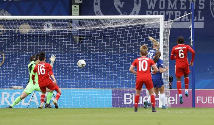 Kington Upon Thames, England, 2nd May 2021. Pernille Harder of Chelsea scores their third goal during the UEFA Women s Champions League match at Kingsmeadow, Kington Upon Thames. Picture credit should read: Paul Terry Sportimage EDITORIAL USE ONLY. No use with unauthorised audio, video, data, fixture lists, club league logos or live services. Online in-match use limited to 120 images, no video emulation. No use in betting, games or single club league player publications. SPI-1031-0045