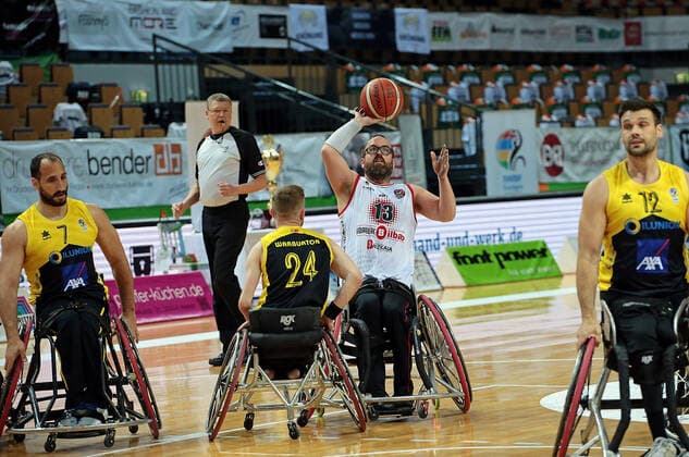 02.05.2021, xovx, Rollstuhlbasketball Champions Cup 2021, Spiel um Platz 3, , Bidaideak Bilbao BSR - CD Ilunion Madrid v.l. Pablo Zarzuela (CD Ilunion Madrid), Gregg Warburton (CD Ilunion Madrid), Asier Garcia (Bidaideak Bilbao BSR), Bill Latham (CD Ilunion Madrid) Wetzlar Rittal-Arena Hessen Deutschland (DE)