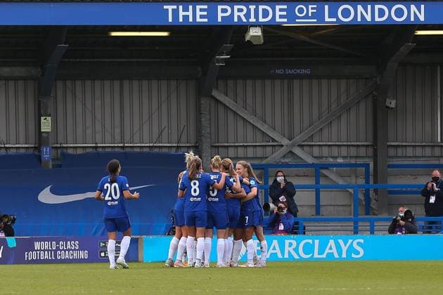 London, England, May 2nd 2021: Pernille Harder ( 23 Chelsea) celebrates scoring Chelsea s 3rd goal during the UEFA Womens Champions League Semi Final game between Chelsea and Bayern Munich at Kingsmeadow in London, England. UEFA Womens Champions League Semi Final - Chelsea v Bayern Munic 