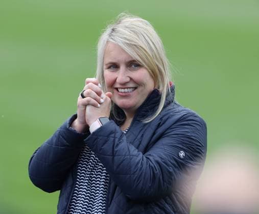 Kington Upon Thames, England, 2nd May 2021. Emma Hayes manager of Chelsea celebrates the win during the UEFA Women s Champions League match at Kingsmeadow, Kington Upon Thames. Picture credit should read: Paul Terry Sportimage EDITORIAL USE ONLY. No use with unauthorised audio, video, data, fixture lists, club league logos or live services. Online in-match use limited to 120 images, no video emulation. No use in betting, games or single club league player publications. SPI-1031-0063