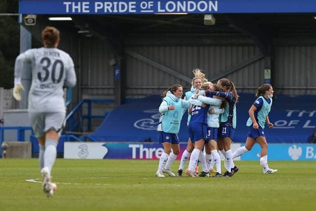 London, England, May 2nd 2021: Finalists celebrations during the UEFA Womens Champions League Semi Final game between Chelsea and Bayern Munich at Kingsmeadow in London, England. UEFA Womens Champions League Semi Final - Chelsea v Bayern Munic 