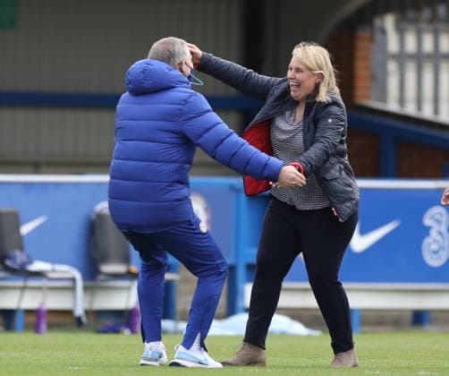 Kington Upon Thames, England, 2nd May 2021. Emma Hayes manager of Chelsea celebrates the win during the UEFA Women s Champions League match at Kingsmeadow, Kington Upon Thames. Picture credit should read: Paul Terry Sportimage EDITORIAL USE ONLY. No use with unauthorised audio, video, data, fixture lists, club league logos or live services. Online in-match use limited to 120 images, no video emulation. No use in betting, games or single club league player publications. SPI-1031-0065
