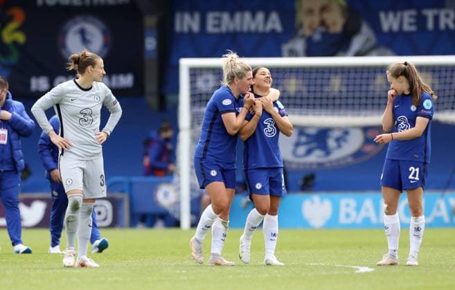 Kington Upon Thames, England, 2nd May 2021. Millie Bright of Chelsea and Niamh Charles of Chelsea celebrate during the UEFA Women s Champions League match at Kingsmeadow, Kington Upon Thames. Picture credit should read: Paul Terry Sportimage EDITORIAL USE ONLY. No use with unauthorised audio, video, data, fixture lists, club league logos or live services. Online in-match use limited to 120 images, no video emulation. No use in betting, games or single club league player publications. SPI-1031-0066