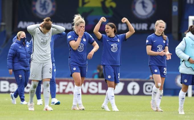 Kington Upon Thames, England, 2nd May 2021. Millie Bright of Chelsea and Niamh Charles of Chelsea celebrate during the UEFA Women s Champions League match at Kingsmeadow, Kington Upon Thames. Picture credit should read: Paul Terry Sportimage EDITORIAL USE ONLY. No use with unauthorised audio, video, data, fixture lists, club league logos or live services. Online in-match use limited to 120 images, no video emulation. No use in betting, games or single club league player publications. SPI-1031-0067