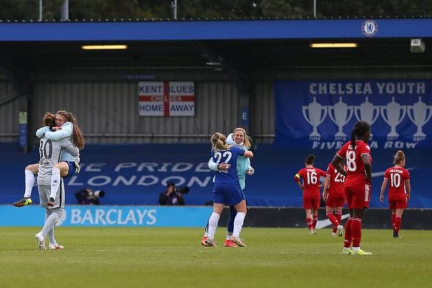 London, England, May 2nd 2021: Final whistle celebrations during the UEFA Womens Champions League Semi Final game between Chelsea and Bayern Munich at Kingsmeadow in London, England. UEFA Womens Champions League Semi Final - Chelsea v Bayern Munic 