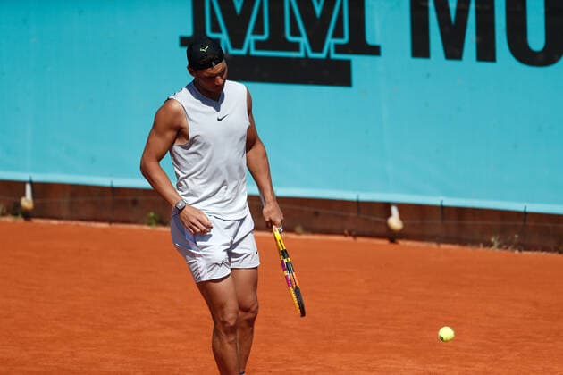 May 2, 2021, MADRID, MADRID, SPAIN: Rafael Nadal of Spain in action during his practice session for the ATP, Tennis Herren Masters 1000 - Mutua Madrid Open 2021 at La Caja Magica on May 2, 2021 in Madrid, Spain. MADRID SPAIN - ZUMAa181 20210502_zaa_a181_011 Copyright: xOscarxJ.xBarrosox