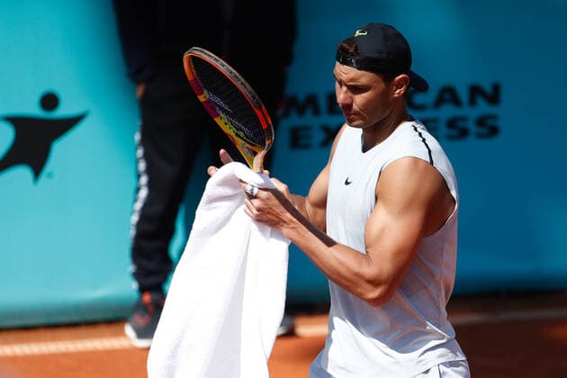 May 2, 2021, MADRID, MADRID, SPAIN: Rafael Nadal of Spain in action during his practice session for the ATP, Tennis Herren Masters 1000 - Mutua Madrid Open 2021 at La Caja Magica on May 2, 2021 in Madrid, Spain. MADRID SPAIN - ZUMAa181 20210502_zaa_a181_016 Copyright: xOscarxJ.xBarrosox