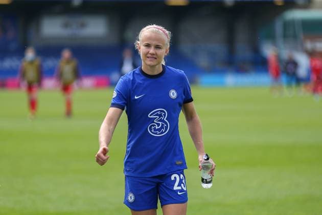London, England, May 2nd 2021: Pernille Harder ( 23 Chelsea) during the UEFA Womens Champions League Semi Final game between Chelsea and Bayern Munich at Kingsmeadow in London, England. UEFA Womens Champions League Semi Final - Chelsea v Bayern Munic 