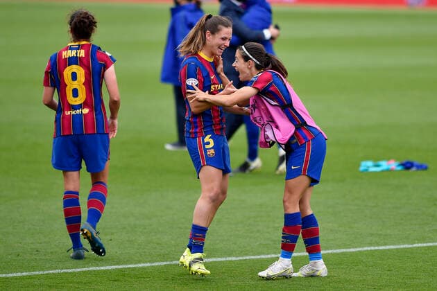 May 2, 2021, Barcelona, Spain: Aitana Bonmati and Laia Codina of FC Barcelonacelebrate after winning the UEFA Champions League Women semifinal second leg match between FC Barcelona, Barca and PSG at Johan Cruyff Stadium in Barcelona, Spain. Barcelona Spain - ZUMAd159 0117043351st Copyright: xGerardxFrancox