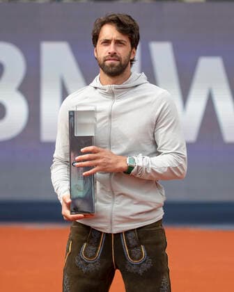 Sieger Nikoloz Basilashvili (GEO) haelt den Pokal, Trophäe und traegt eine bayerische Lederhose, Herren Einzel, rSiegerehrung, Praesentation Tennis - BMW Open 2021 - ATP, Tennis Herren - MTTC Iphitos - Munich - - Germany - 2 May 2021. Copyright: xJuergenxHasenkopfx