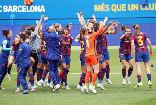 May 02, 2021, Barcelona, Catalonia, Spain: FC Barcelona, Barca players celebration at the end of the FC Barcelona-PSG match of the semifinals of the Women s UEFA Champions League, played at the Johan Cruyff stadium. Photo: JGS Cordon Press Cordon Press