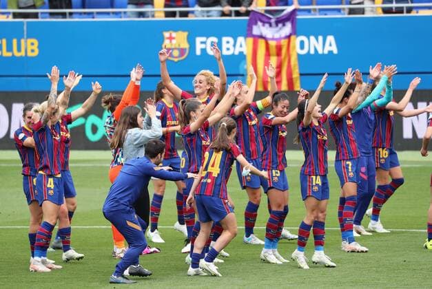 May 02, 2021, Barcelona, Catalonia, Spain: FC Barcelona, Barca players celebration at the end of the FC Barcelona-PSG match of the semifinals of the Women s UEFA Champions League, played at the Johan Cruyff stadium. Photo: JGS Cordon Press Cordon Press