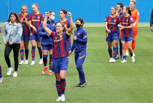May 02, 2021, Barcelona, Catalonia, Spain: FC Barcelona, Barca players celebration at the end of the FC Barcelona-PSG match of the semifinals of the Women s UEFA Champions League, played at the Johan Cruyff stadium. Photo: JGS Cordon Press Cordon Press