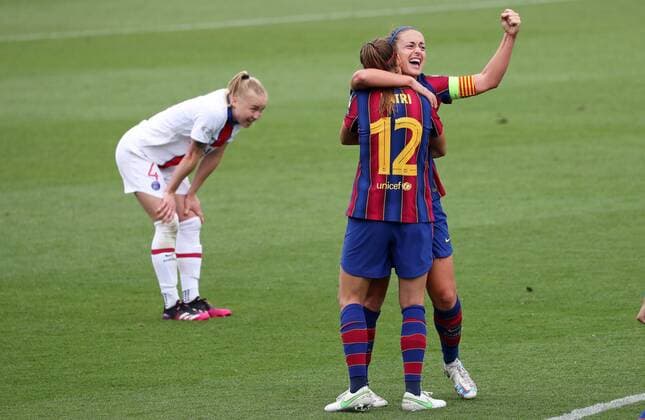 May 02, 2021, Barcelona, Catalonia, Spain: FC Barcelona, Barca players celebration at the end of the FC Barcelona-PSG match of the semifinals of the Women s UEFA Champions League, played at the Johan Cruyff stadium. Photo: JGS Cordon Press Cordon Press